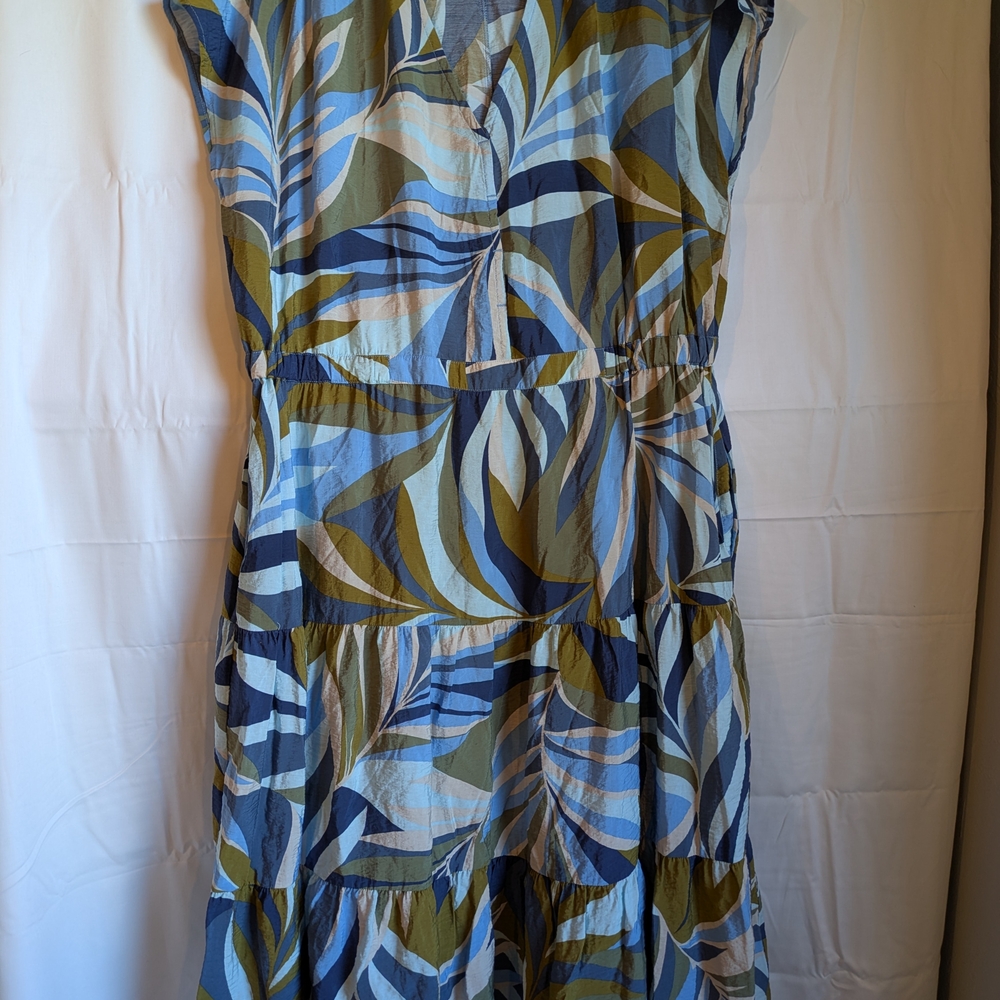 Tribal Blue and Green Leaf Print Maxi Dress SzXL Art Deco LagenLook Boho Chore